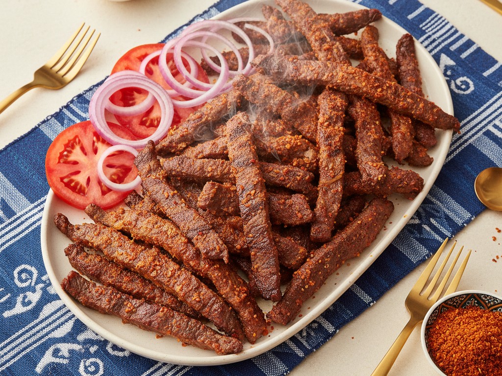 Beef suya platter with yaji spice, onion and tomato